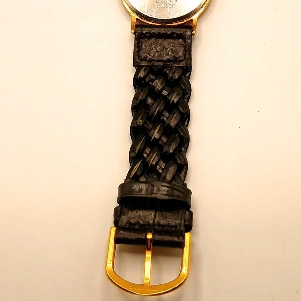 Pulsar Gold Toned Men's Wristwatch with Black Genuine Leather Strap